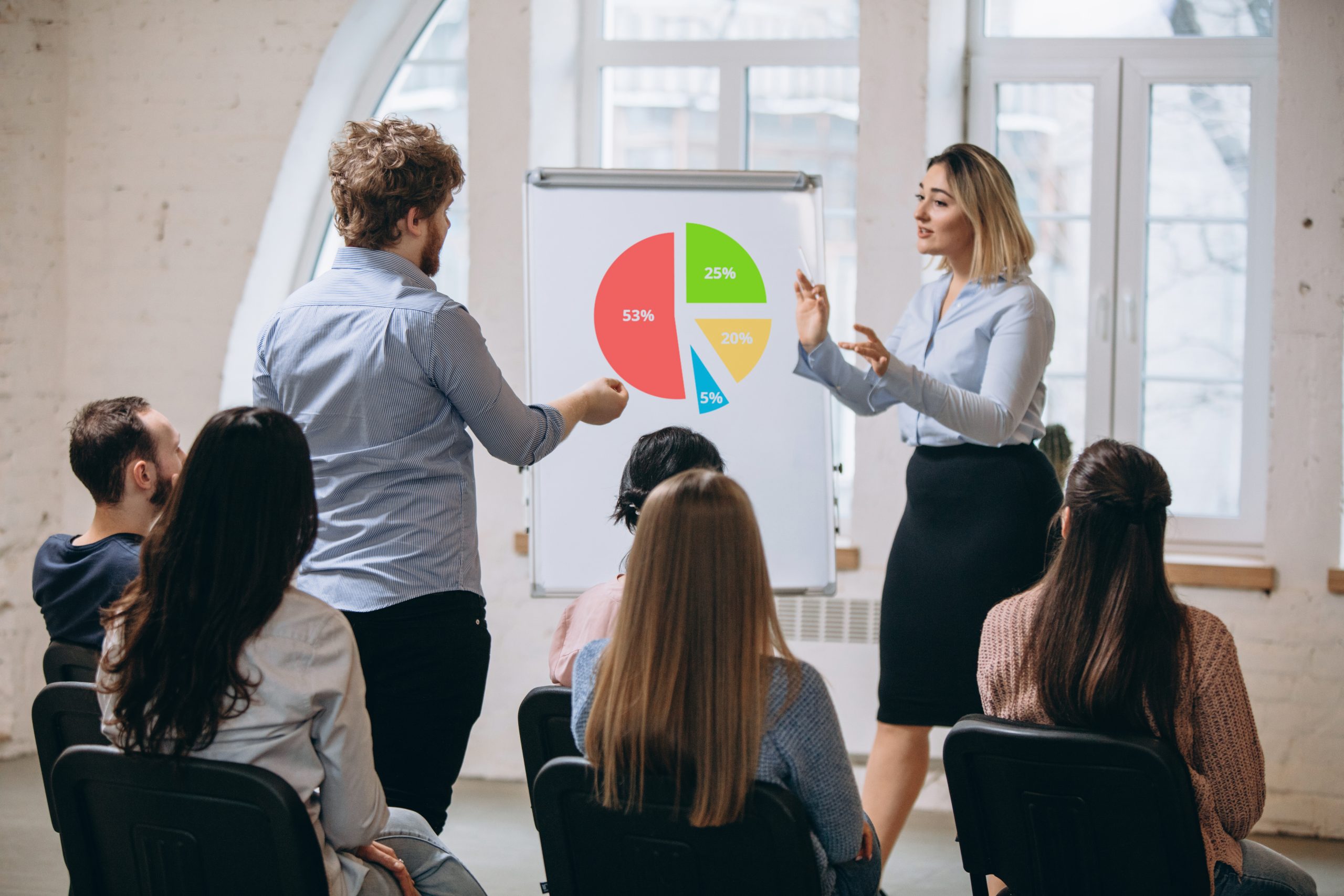 Grupo empresarial detalhando um planejamento corporativo